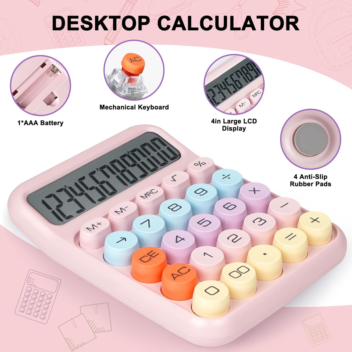 Pink Desktop Calculator with Large Buttons - Image 5